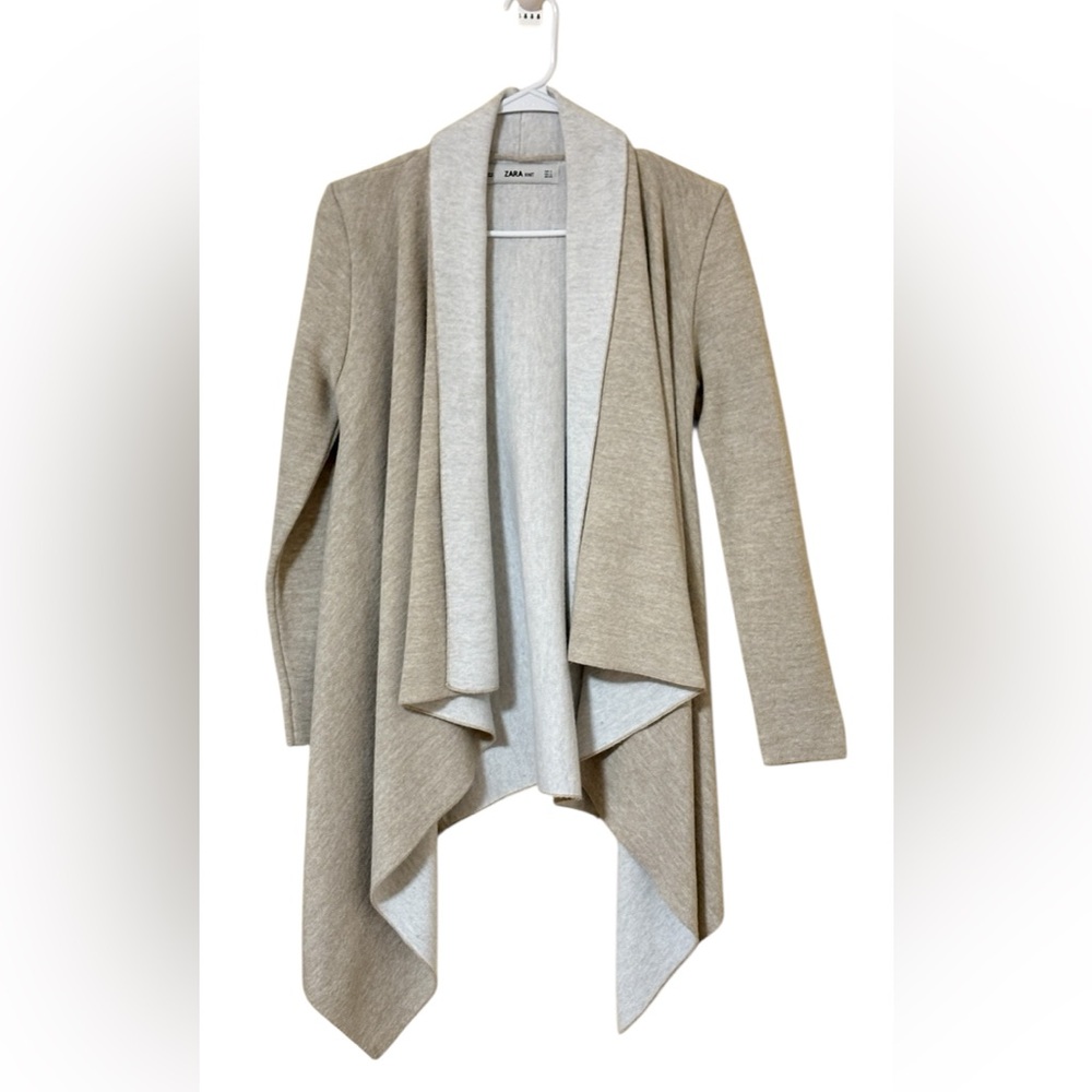 ZARA Cardigan Knit Flyaway  Sweater Beige Waterfall Open Front  Women’s Small